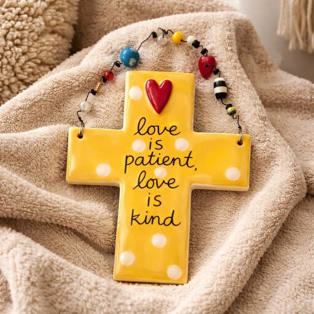 "Love is Patient..." Sandra Magsamen SILVESTRI Ceramic Wall Cross -‎ Small Chips